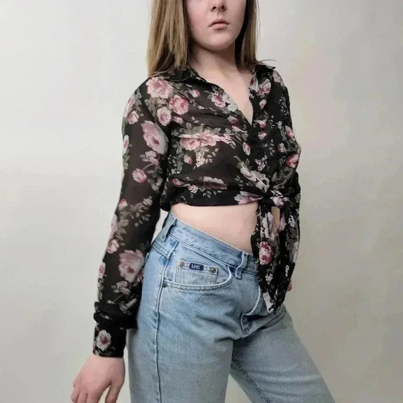 Pastel Black & Pink Floral Mesh Tie Front Coverup Blouse - S - Picture 5 of 9